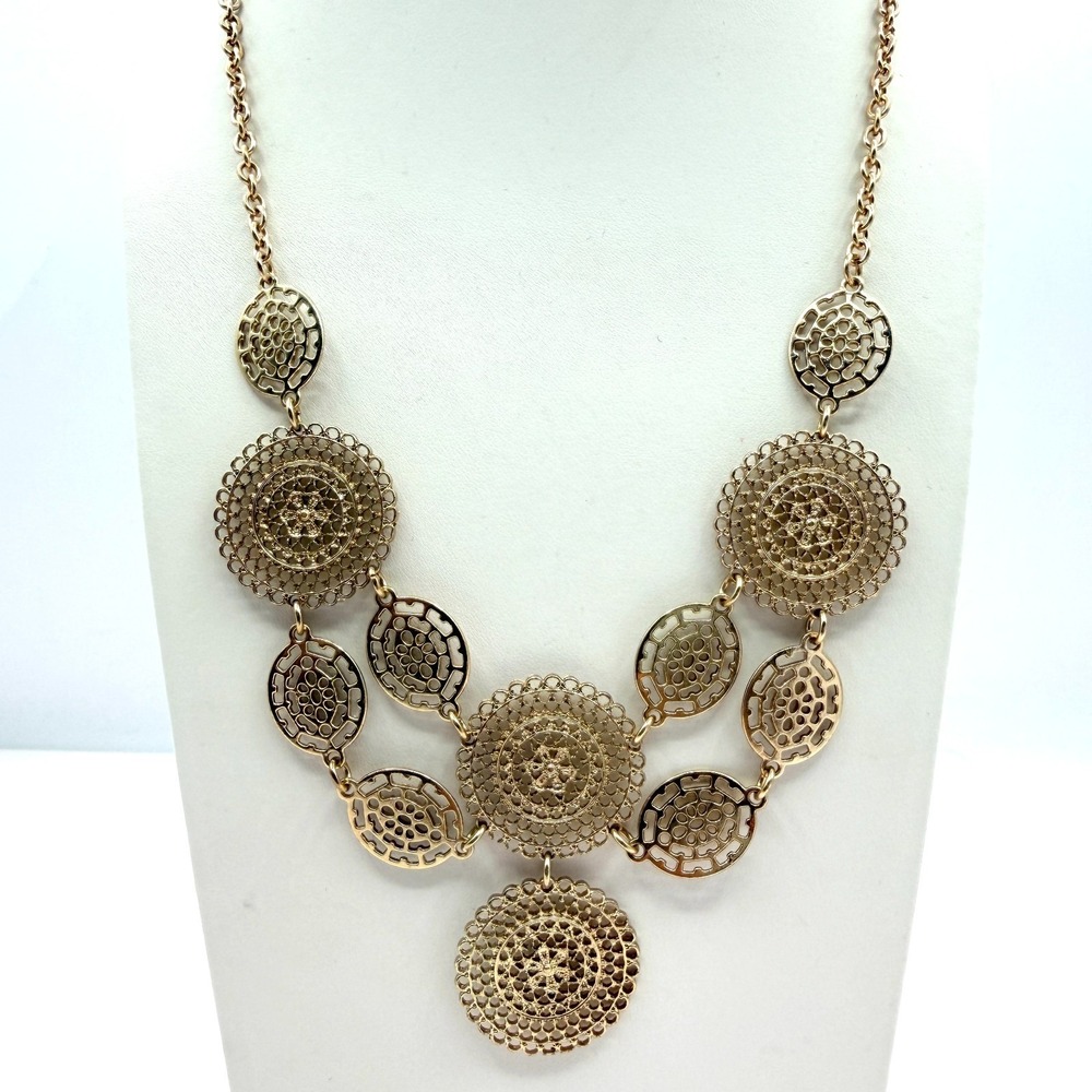 Charming Charlie Gold Tone Linked Medallion Bib Necklace Filigree Statement 90s